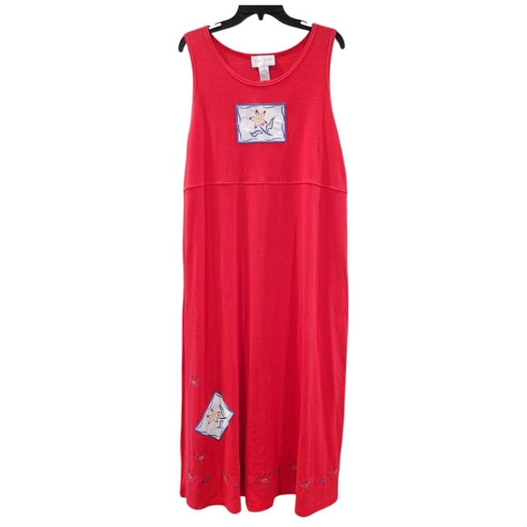 Vintage Dresses & Skirts - Vintage Sports Savy Red Embroidered Sleeveless Patchwork Maxi Dress Women Size L